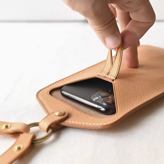 Slim smartphone shoulder bag with mobile phone holder and IC pocket Simple smartphone pouch in genuine leather