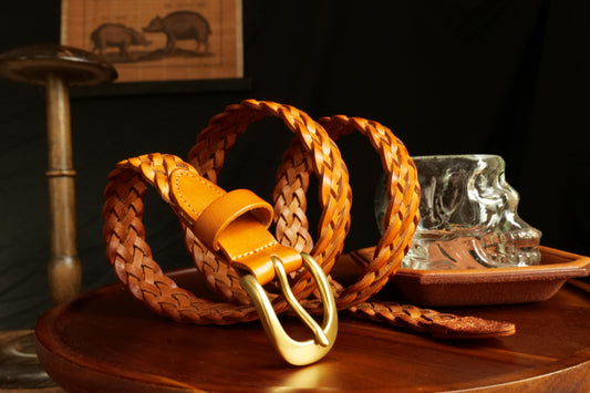 レザーメッシュベルト 真鍮バックル/ハンドメイド クラシック