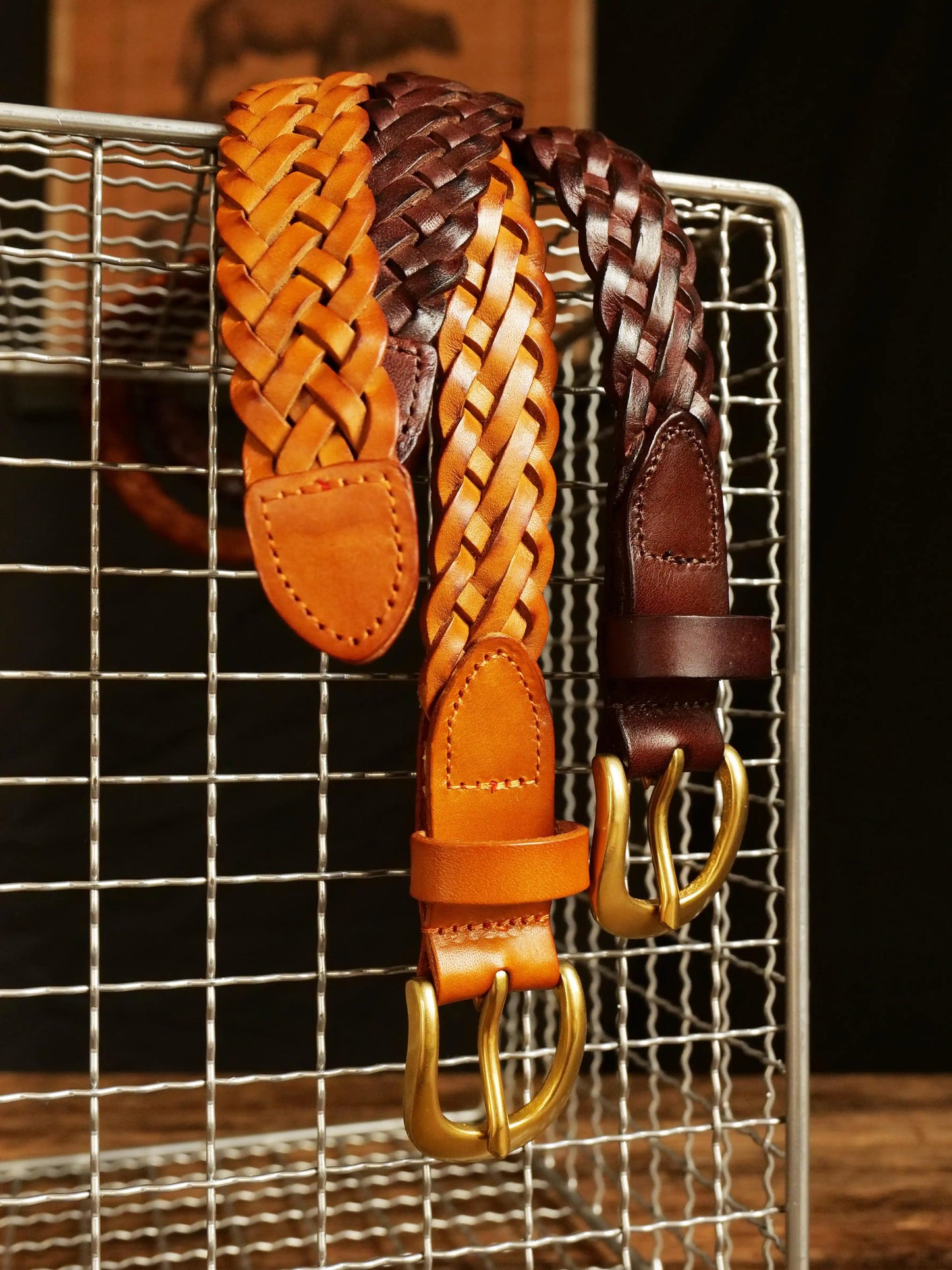 レザーメッシュベルト 真鍮バックル/ハンドメイド クラシック
