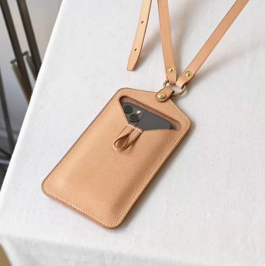 Slim smartphone shoulder bag with mobile phone holder and IC pocket Simple smartphone pouch in genuine leather