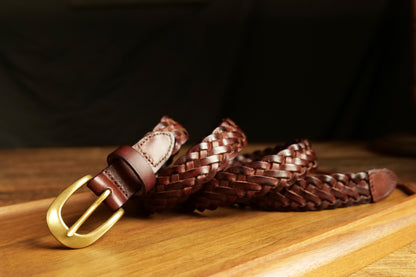 レザーメッシュベルト 真鍮バックル／ハンドメイド クラシック