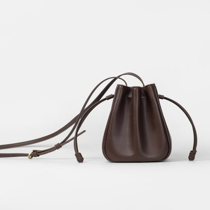 【受注生産】レザープリーツ巾着ショルダーバッグ      ダークブラウン