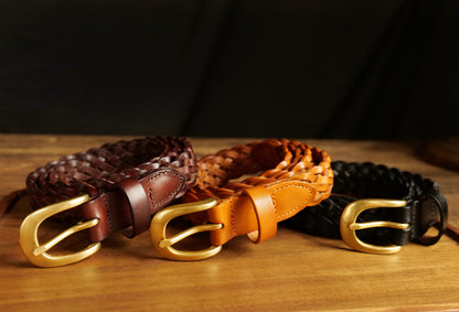 レザーメッシュベルト 真鍮バックル／ハンドメイド クラシック