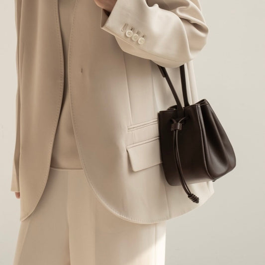 【受注生産】レザープリーツ巾着ショルダーバッグ      ダークブラウン