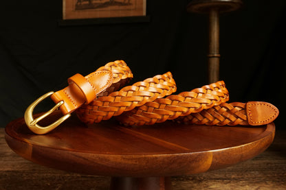 レザーメッシュベルト 真鍮バックル／ハンドメイド クラシック